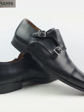 Magnanni Double Monk Strap Dress Shoes Black Leather 11677 Spain Men's 14 M